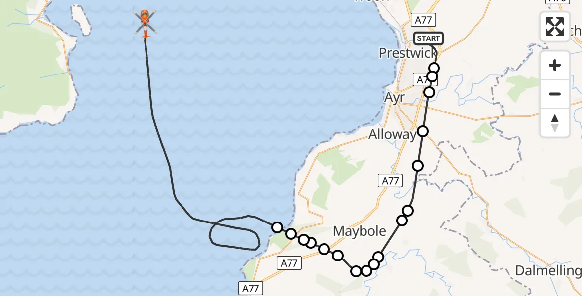 Flight route Coastguard Helicopter Glasgow Prestwick Airport - Inner Seas, 13 July 2026, 13:45