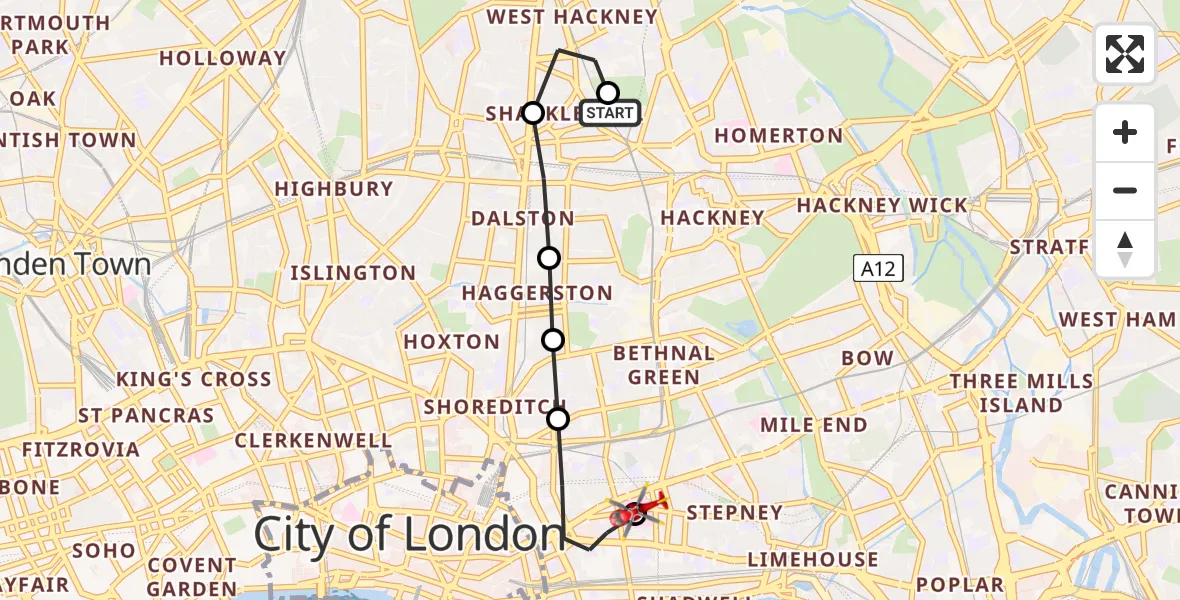 Flight route Air Ambulance Helicopter Shacklewell - Royal London Hospital, 13 July 2026, 13:50
