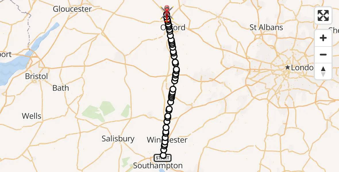 Flight route Air Ambulance Helicopter Southampton Airport - London Oxford Airport, 13 July 2026, 13:51