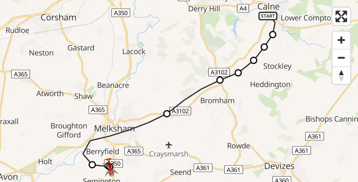 Flight route Air Ambulance Helicopter Calne - Wiltshire Air Ambulance, 13 July 2026, 13:51