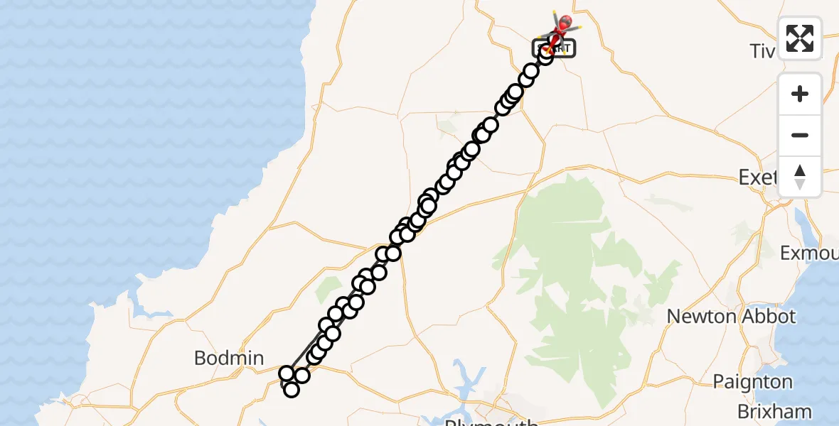Flight route Air Ambulance Helicopter Riddlecombe - Roborough, 13 July 2026, 13:55