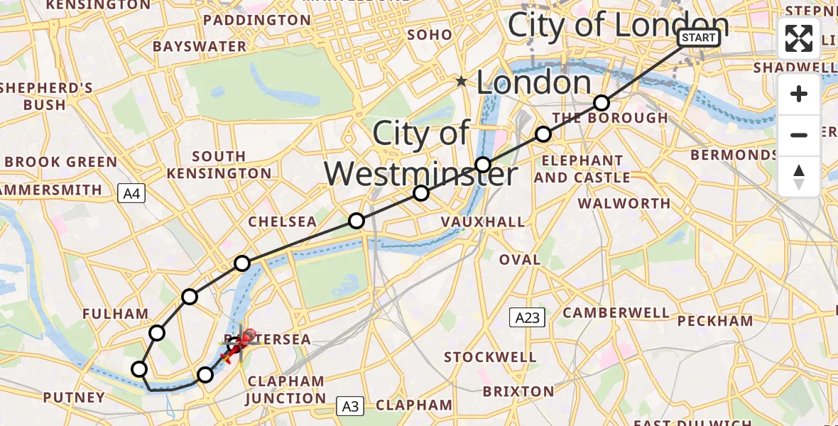 Flight route Air Ambulance Helicopter Whitechapel - London Heliport, 13 July 2026, 14:00