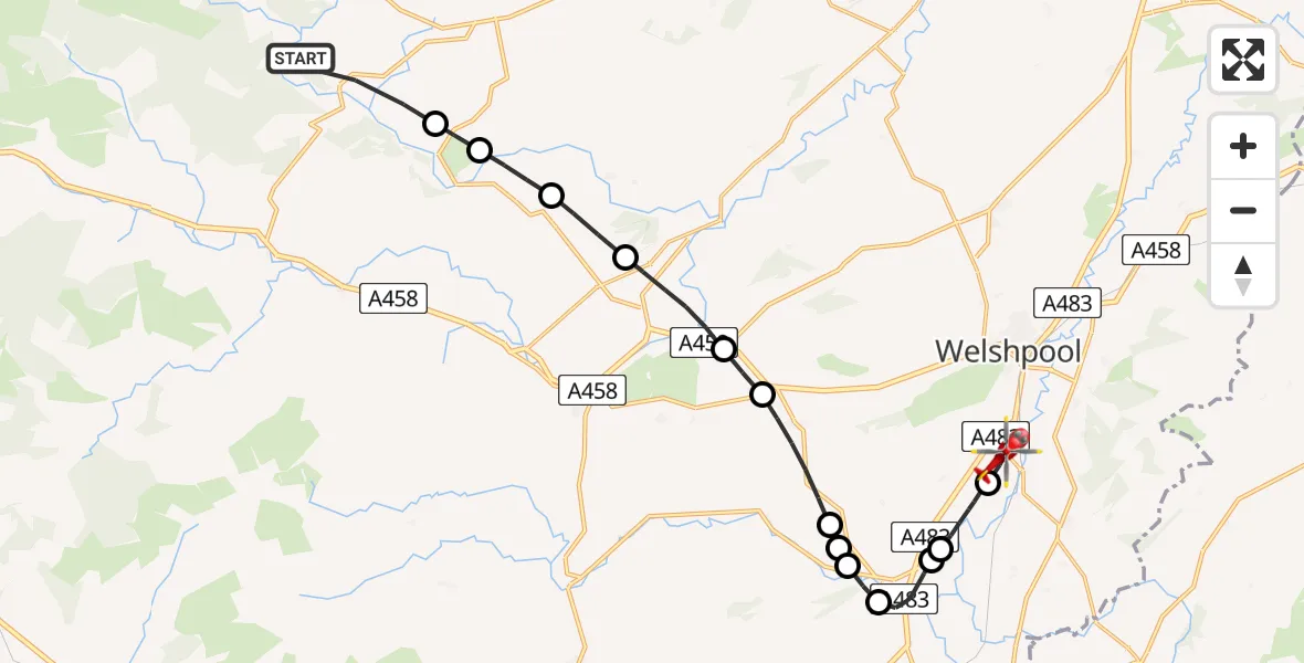 Flight route Air Ambulance Helicopter Llanfihangel - Welshpool Airport, 13 July 2026, 14:01