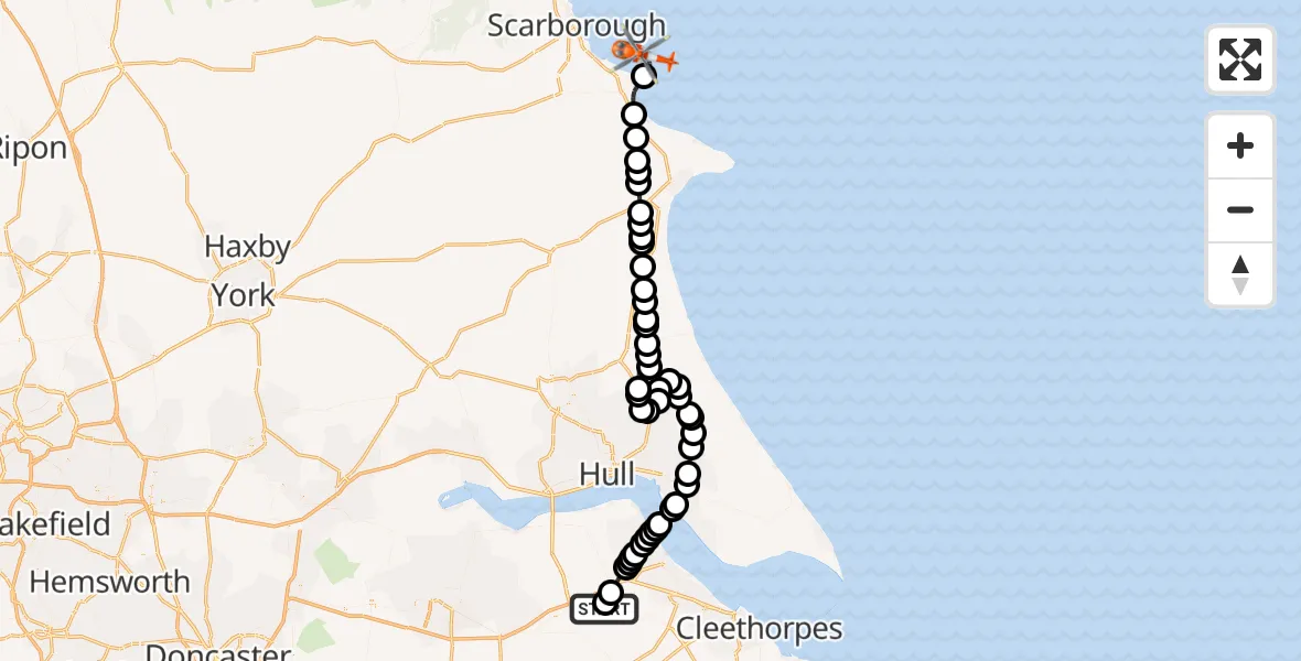 Flight route Coastguard Helicopter Humberside Airport - North Sea, 13 July 2026, 14:03