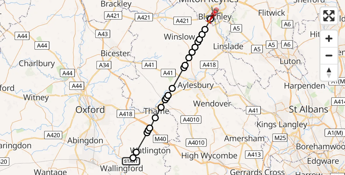 Flight route Air Ambulance Helicopter RAF Benson - Bletchley, 13 July 2026, 14:18