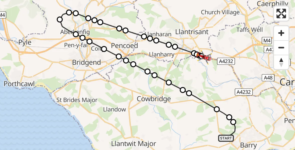 Flight route Air Ambulance Helicopter Barry - Groes-faen, 13 July 2026, 14:19