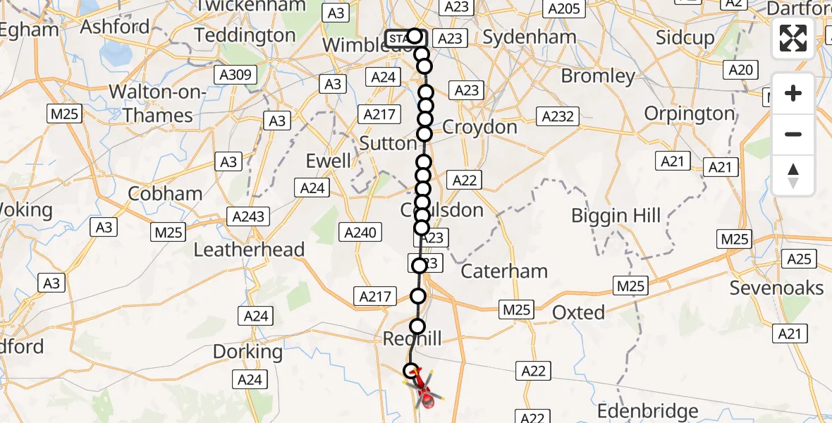 Flight route Air Ambulance Helicopter St Georges Hospital - Salfords, 13 July 2026, 14:23