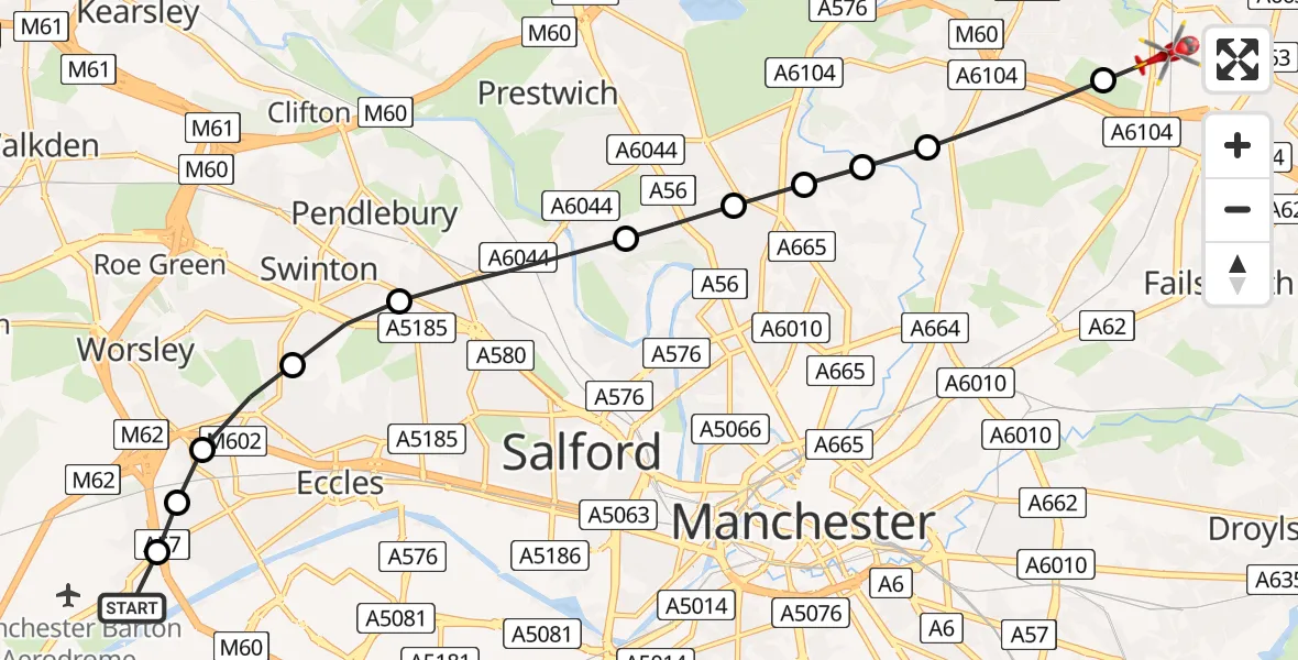 Flight route Air Ambulance Helicopter Manchester Barton Aerodrome - Chadderton, 13 July 2026, 14:30