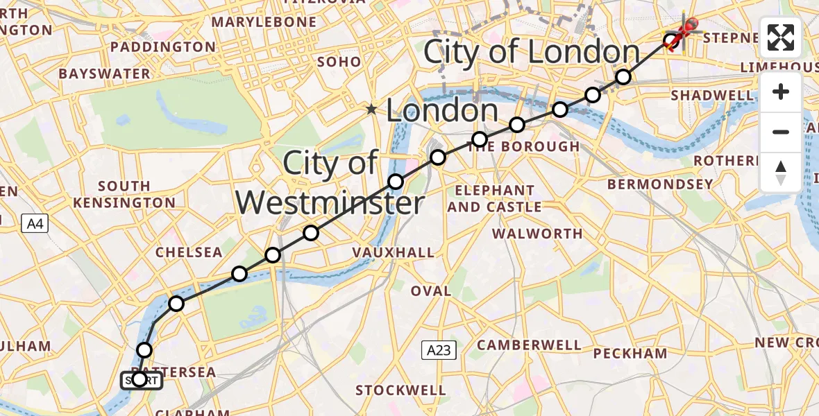 Flight route Air Ambulance Helicopter London Heliport - Royal London Hospital, 13 July 2026, 14:31