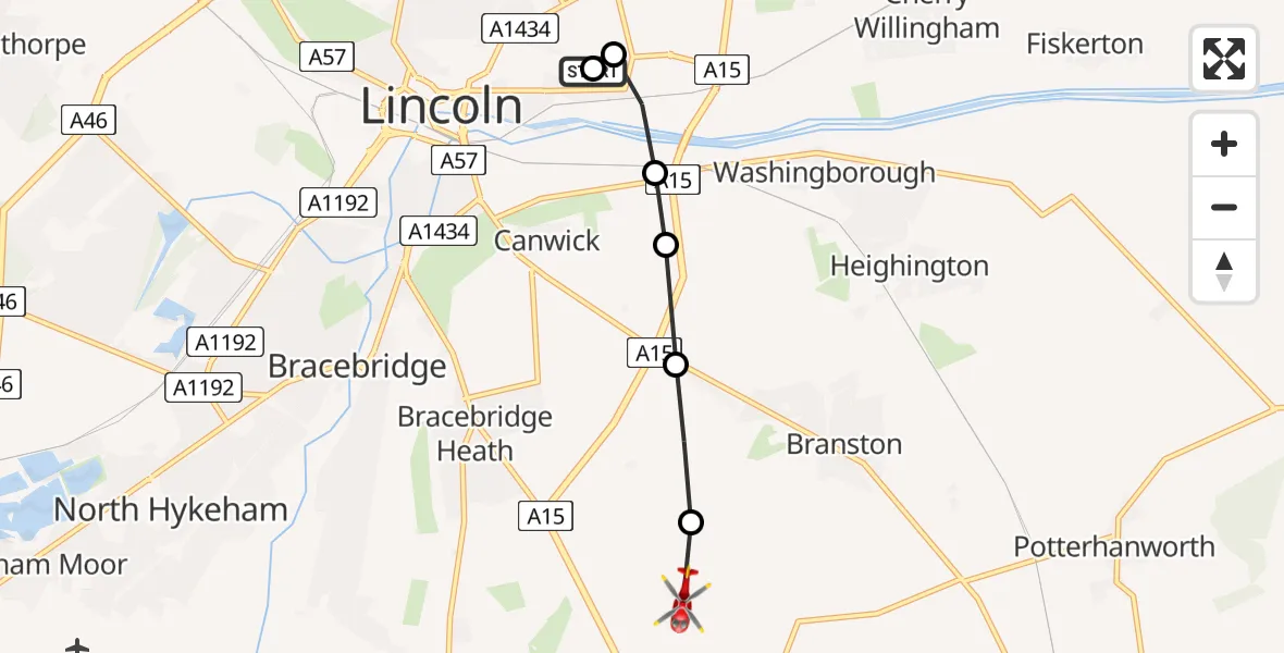 Flight route Air Ambulance Helicopter Lincoln County Trauma Unit - North Kesteven, 13 July 2026, 14:33