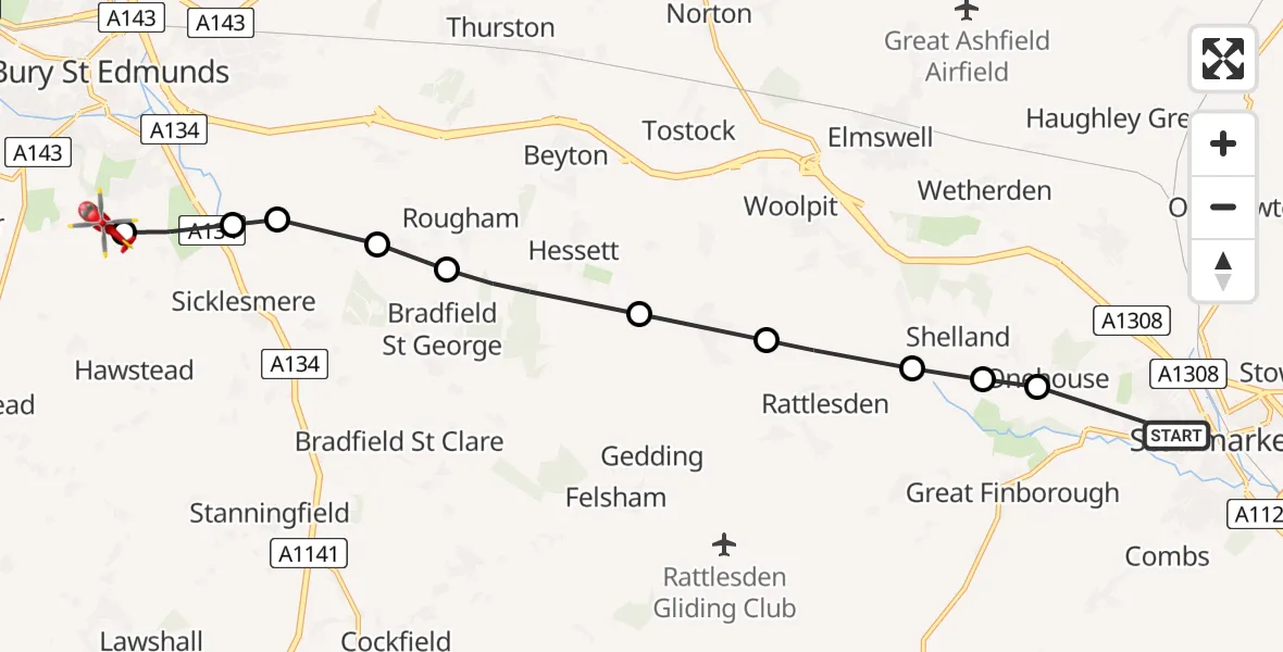 Flight route Air Ambulance Helicopter Stowmarket - Bury St Edmunds, 13 July 2026, 14:34