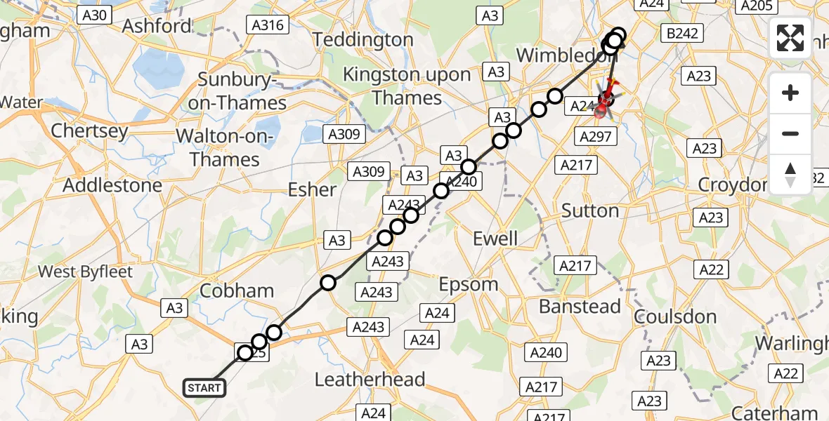 Flight route Air Ambulance Helicopter Guildford - Mitcham, 13 July 2026, 14:48