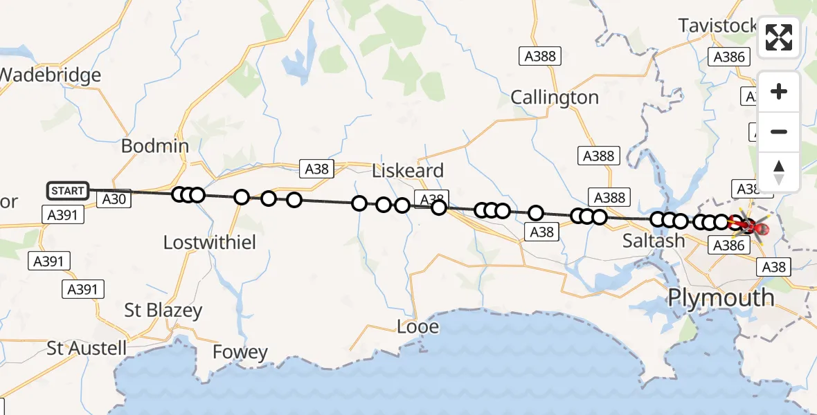 Flight route Air Ambulance Helicopter Lanivet - Derriford Hospital, 13 July 2026, 14:48