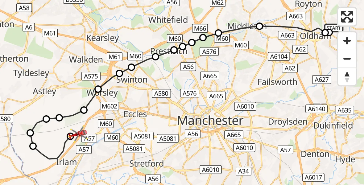 Flight route Air Ambulance Helicopter Oldham - Irlam, 13 July 2026, 15:12