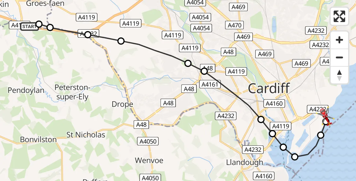 Flight route Air Ambulance Helicopter Pendoylan - Cardiff Heliport, 13 July 2026, 15:14