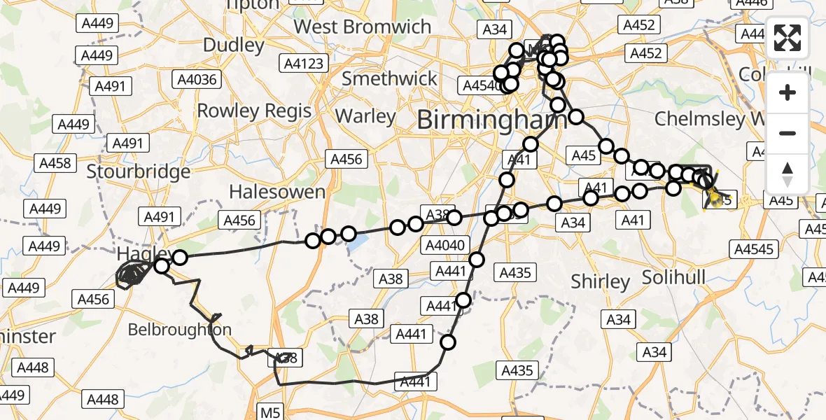 Flight route Police Helicopter Sheldon - Birmingham Airport, 13 July 2026, 15:15