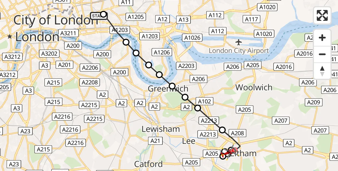 Flight route Air Ambulance Helicopter Royal London Hospital - Middle Park, 13 July 2026, 15:21