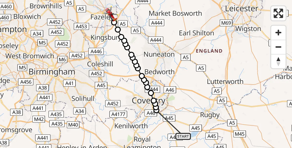 Flight route Air Ambulance Helicopter Rugby - Tamworth, 13 July 2026, 15:29