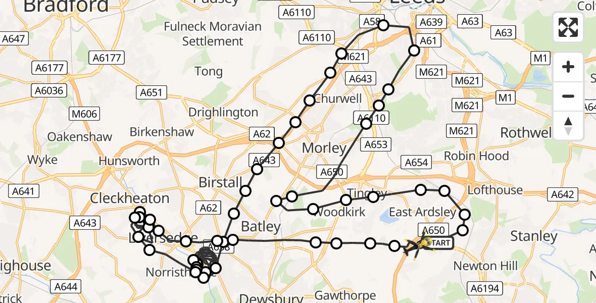 Flight route Police Helicopter Wrenthorpe - East Ardsley, 13 July 2026, 15:37