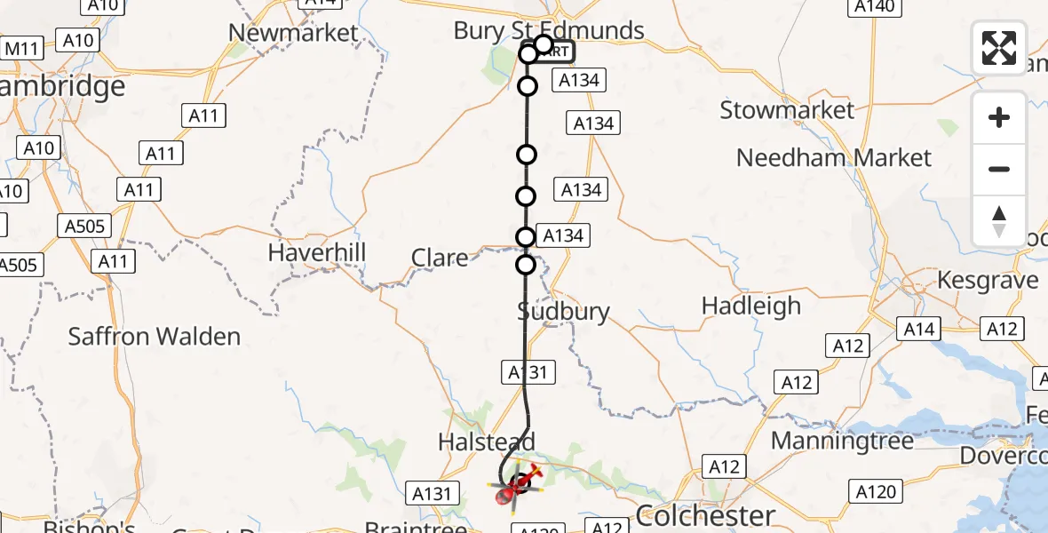 Flight route Air Ambulance Helicopter West Suffolk Hospital - Earls Colne Airfield, 13 July 2026, 15:44
