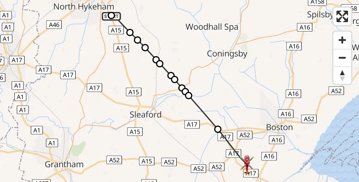 Flight route Air Ambulance Helicopter RAF Waddington - Boston, 13 July 2026, 15:45