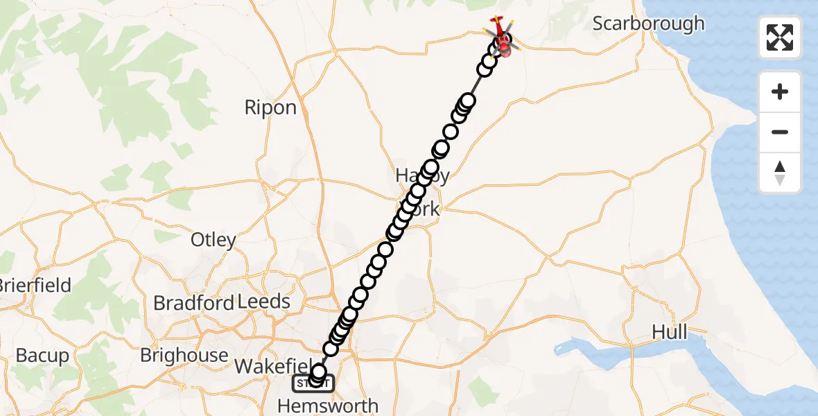 Flight route Air Ambulance Helicopter YAA Nostell Helicopter Port - Wrelton, 13 July 2026, 15:56