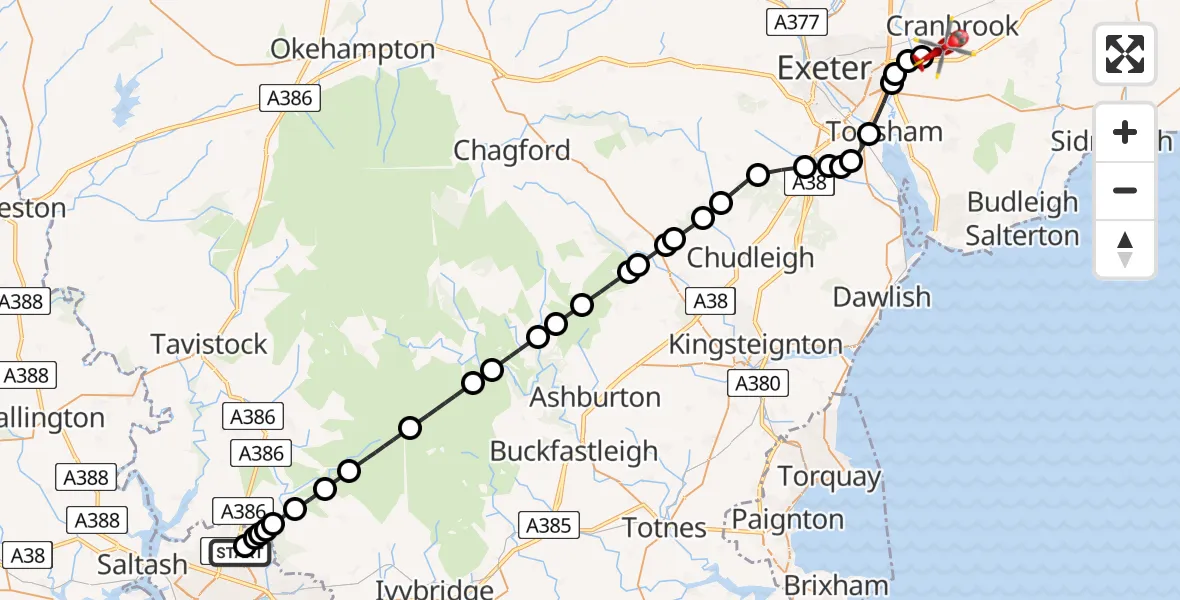 Flight route Air Ambulance Helicopter Derriford Hospital - Exeter International Airport, 13 July 2026, 15:59