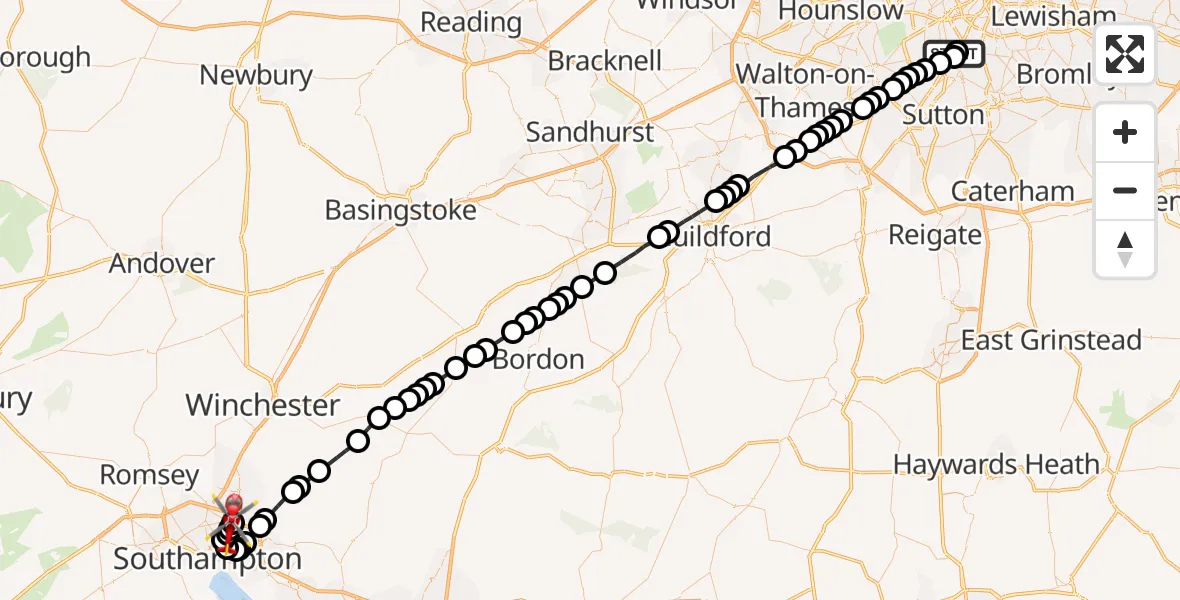 Flight route Air Ambulance Helicopter St Georges Hospital - Mansbridge, 13 July 2026, 16:02
