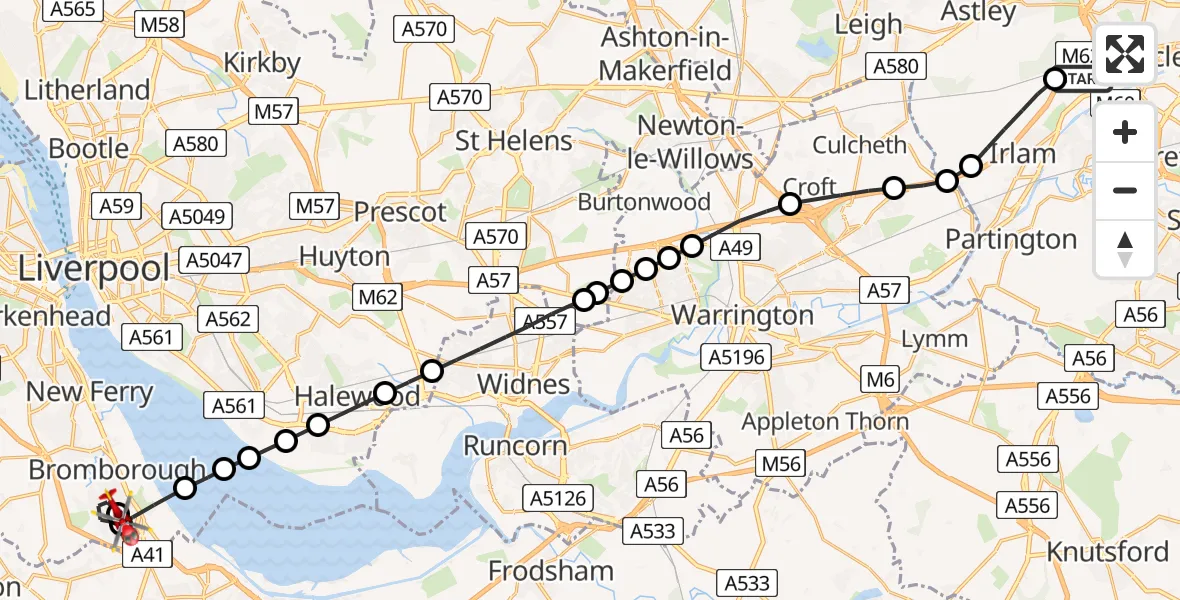 Flight route Air Ambulance Helicopter Manchester Barton Aerodrome - Eastham Village, 13 July 2026, 16:12