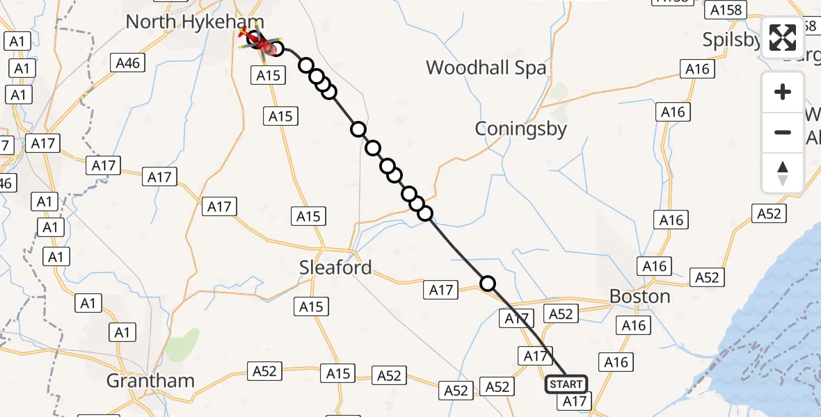 Flight route Air Ambulance Helicopter Boston - North Kesteven, 13 July 2026, 16:15