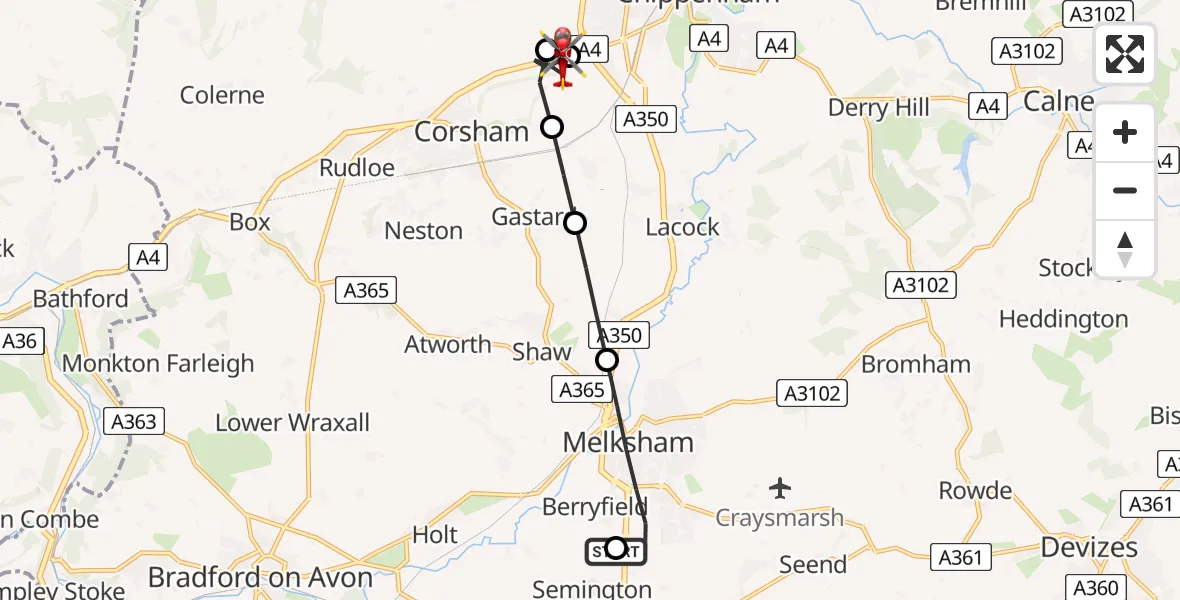 Flight route Air Ambulance Helicopter Wiltshire Air Ambulance - Corsham, 13 July 2026, 16:19