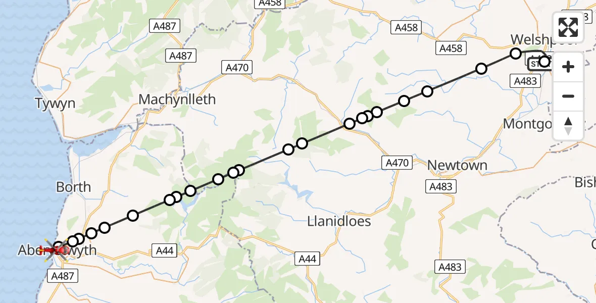 Flight route Air Ambulance Helicopter Welshpool Airport - Aberystwyth, 13 July 2026, 16:21