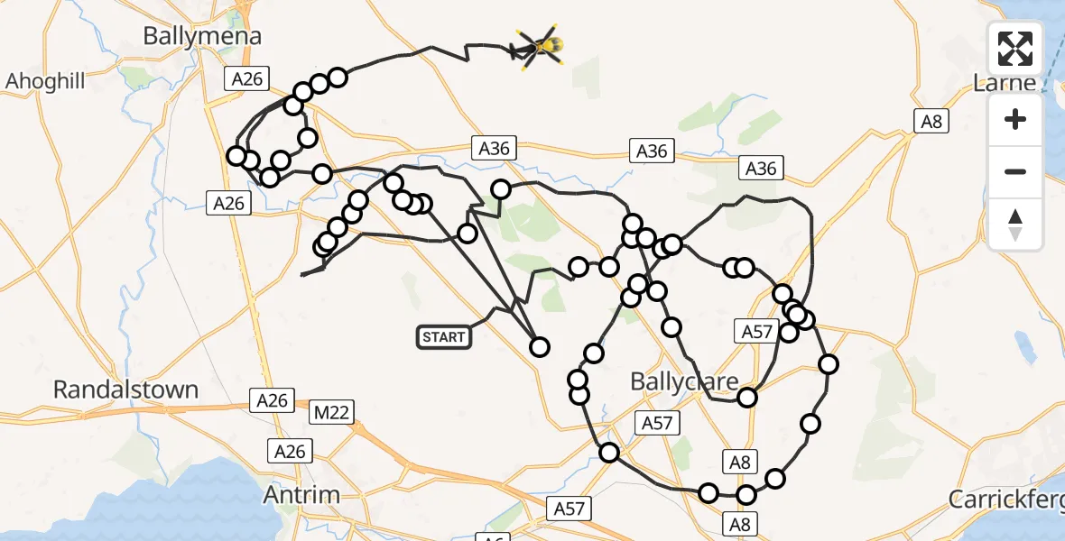 Flight route Police Helicopter Antrim and Newtownabbey District - Mid and East Antrim District, 13 July 2026, 16:27