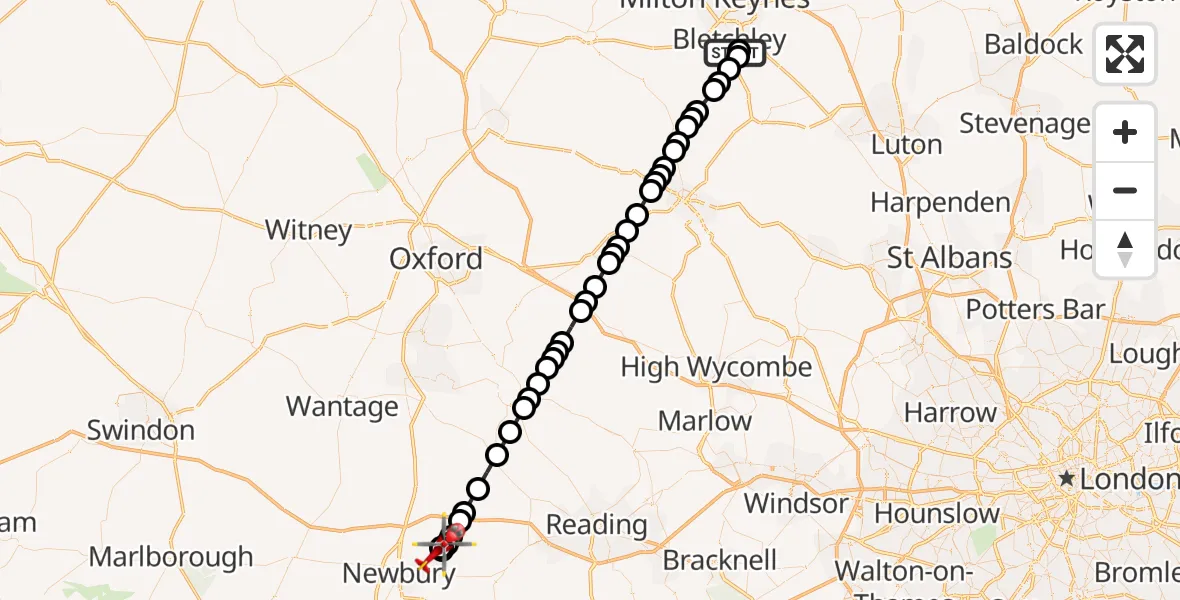 Flight route Air Ambulance Helicopter Bletchley - Bucklebury, 13 July 2026, 16:30