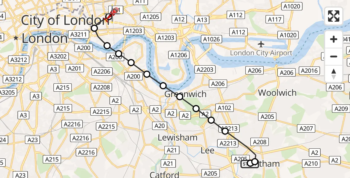 Flight route Air Ambulance Helicopter Middle Park - Royal London Hospital, 13 July 2026, 16:32