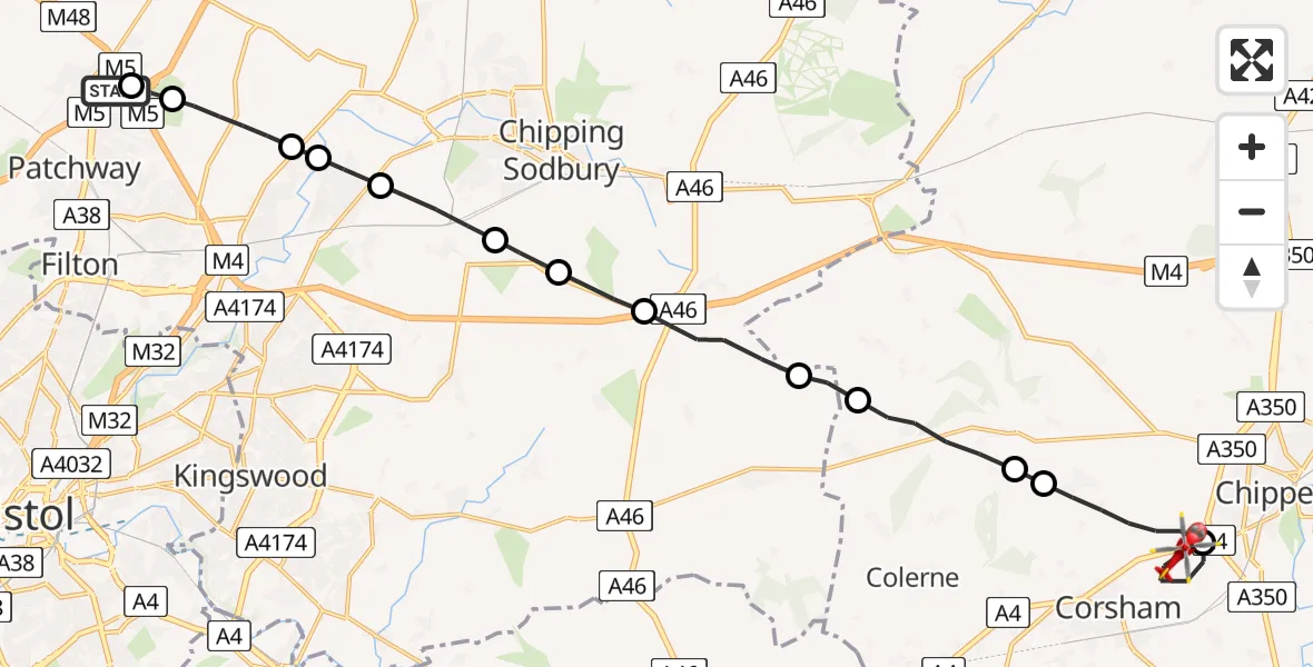 Flight route Air Ambulance Helicopter Almondsbury Helicopter Base - Corsham, 13 July 2026, 16:41