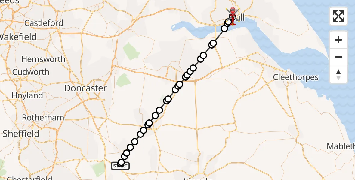 Flight route Air Ambulance Helicopter Retford Gamston Airport - Hull Royal Infirmary, 13 July 2026, 16:42