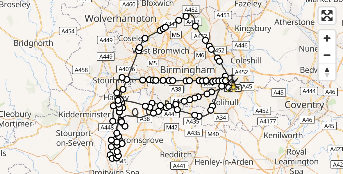 Flight route Police Helicopter Birmingham Airport - Birmingham Airport, 13 July 2026, 16:45