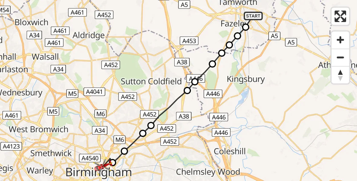 Flight route Air Ambulance Helicopter Tamworth - Birmingham Children's Hospital, 13 July 2026, 16:53
