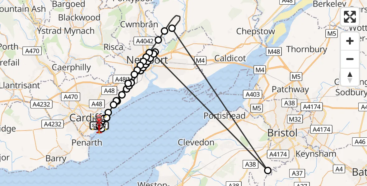 Flight route Air Ambulance Helicopter Cardiff Heliport - Cardiff Heliport, 13 July 2026, 16:55