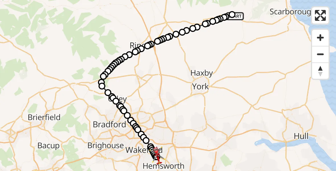 Flight route Air Ambulance Helicopter Wrelton - YAA Nostell Helicopter Port, 13 July 2026, 17:07