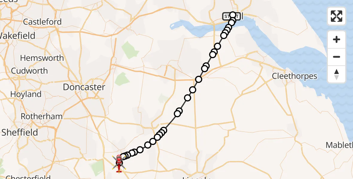 Flight route Air Ambulance Helicopter Hull Royal Infirmary - Retford Gamston Airport, 13 July 2026, 17:13