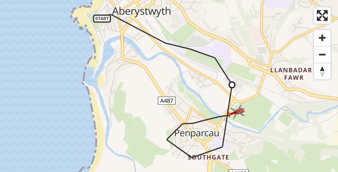 Flight route Air Ambulance Helicopter Aberystwyth - Penparcau, 13 July 2026, 17:24