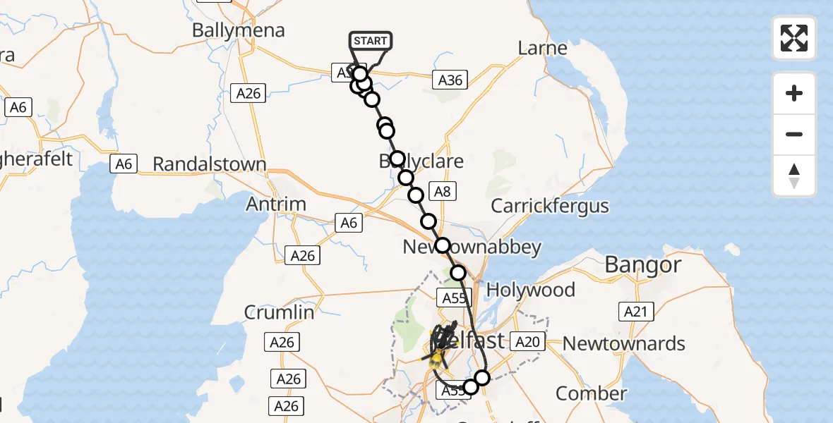 Flight route Police Helicopter Mid and East Antrim District - Belfast City District, 13 July 2026, 17:26