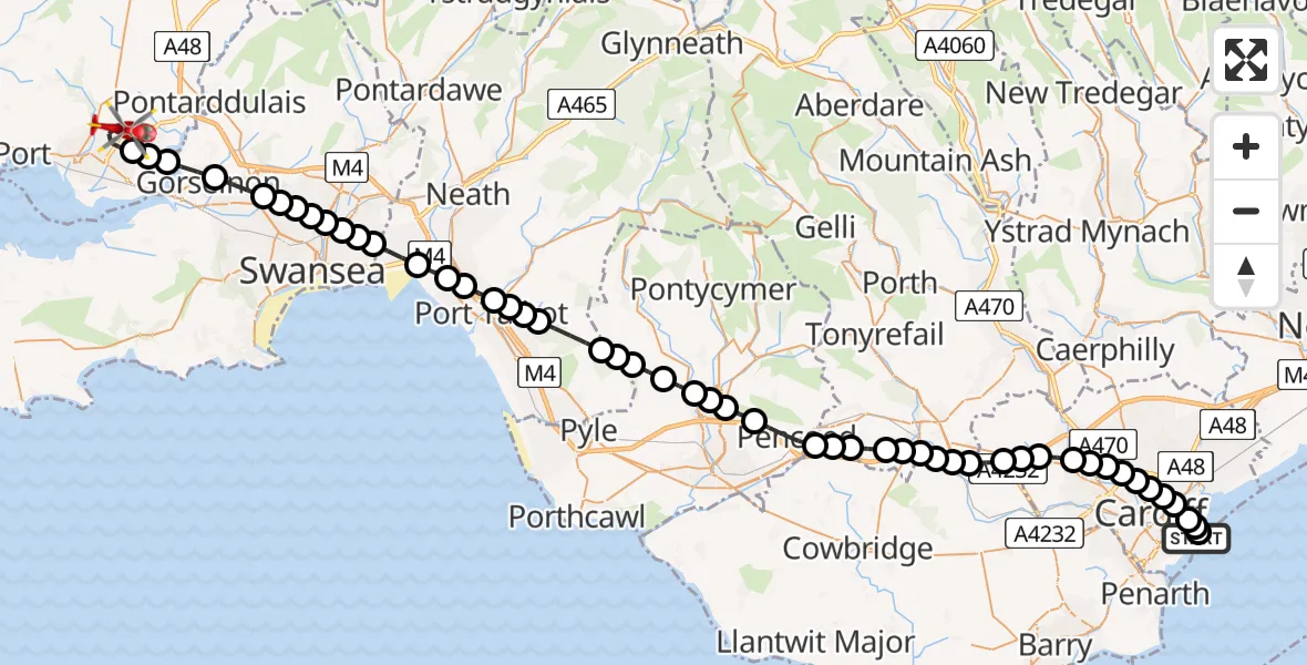 Flight route Air Ambulance Helicopter Cardiff Heliport - Dafen, 13 July 2026, 17:27