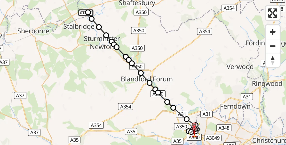 Flight route Air Ambulance Helicopter Henstridge Airfield - Corfe Mullen, 13 July 2026, 17:28