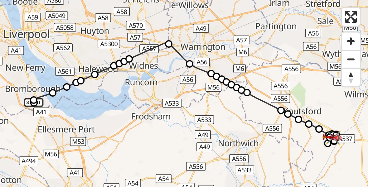 Flight route Air Ambulance Helicopter Bromborough - Snelson, 13 July 2026, 17:28