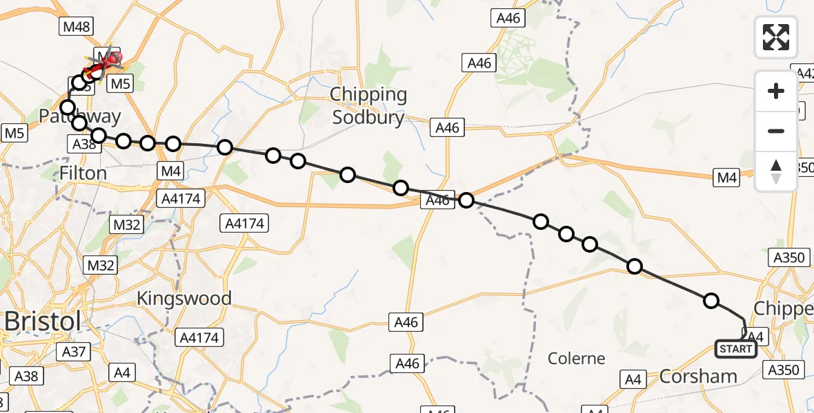 Flight route Air Ambulance Helicopter Corsham - Almondsbury Helicopter Base, 13 July 2026, 17:43