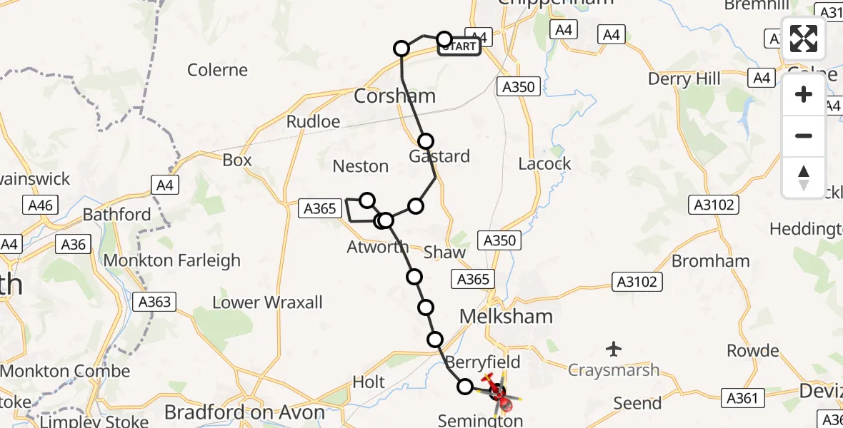Flight route Air Ambulance Helicopter Corsham - Wiltshire Air Ambulance, 13 July 2026, 17:49
