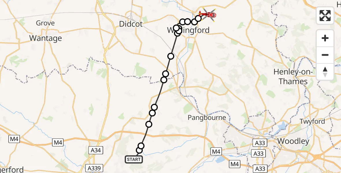Flight route Air Ambulance Helicopter Upper Bucklebury - RAF Benson, 13 July 2026, 17:56